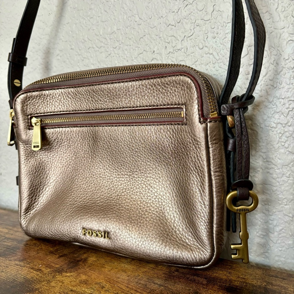 Fossil Piper Toaster Leather Crossbody Shoulder Metallic Taupe Bronze Brown Gold